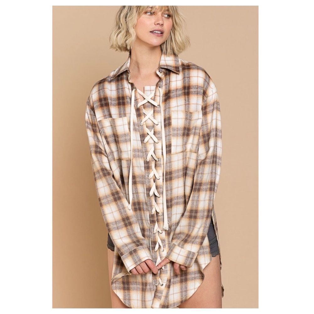 𝅺pol Boho Brown multi Lace Up Front Shirt - Picture 13 of 16